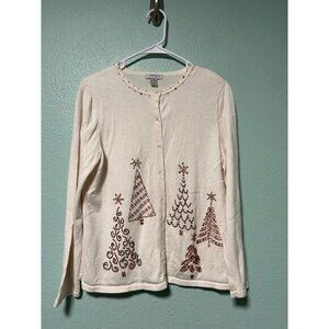 Mercer Street Studion Women's Cream and Gold Christmas Tree Sweater Cardigan Med